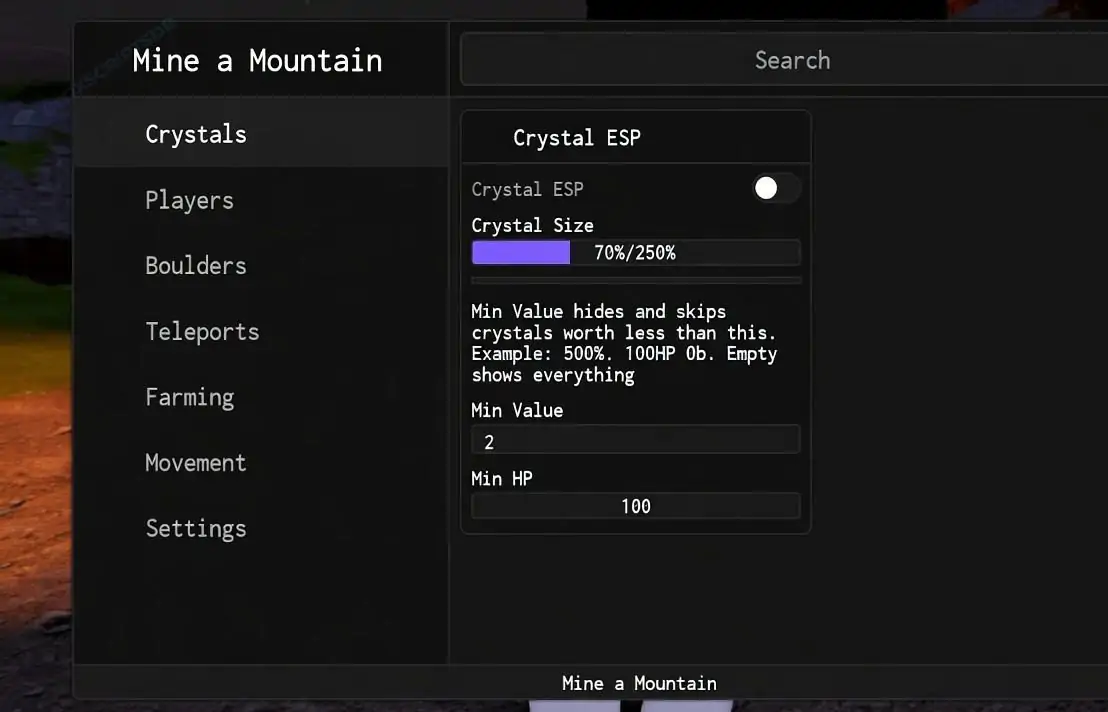 Mine a Mountain Script - Crystal ESP, AutoFarm and More