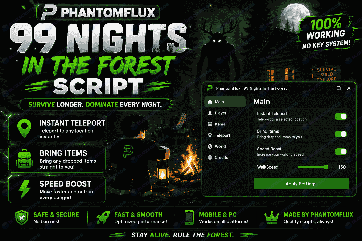 PhantomFlux 99 Nights In The Forest Script [Instant Teleport, Bring Items, Speed Boost]