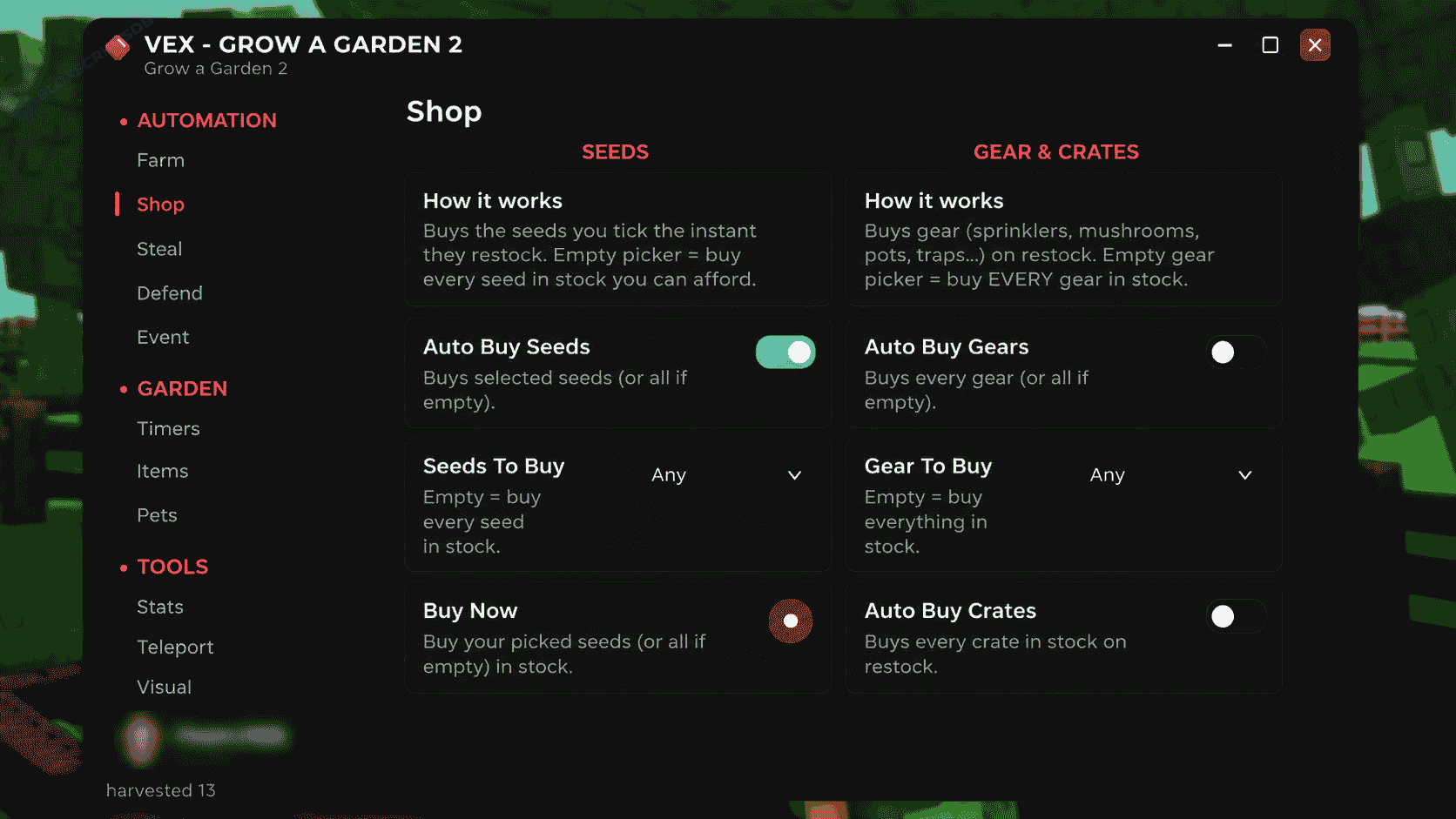 Vex Hub Best GUI GaG2 Script [Auto Plant, Harvest, Steal & Defense]