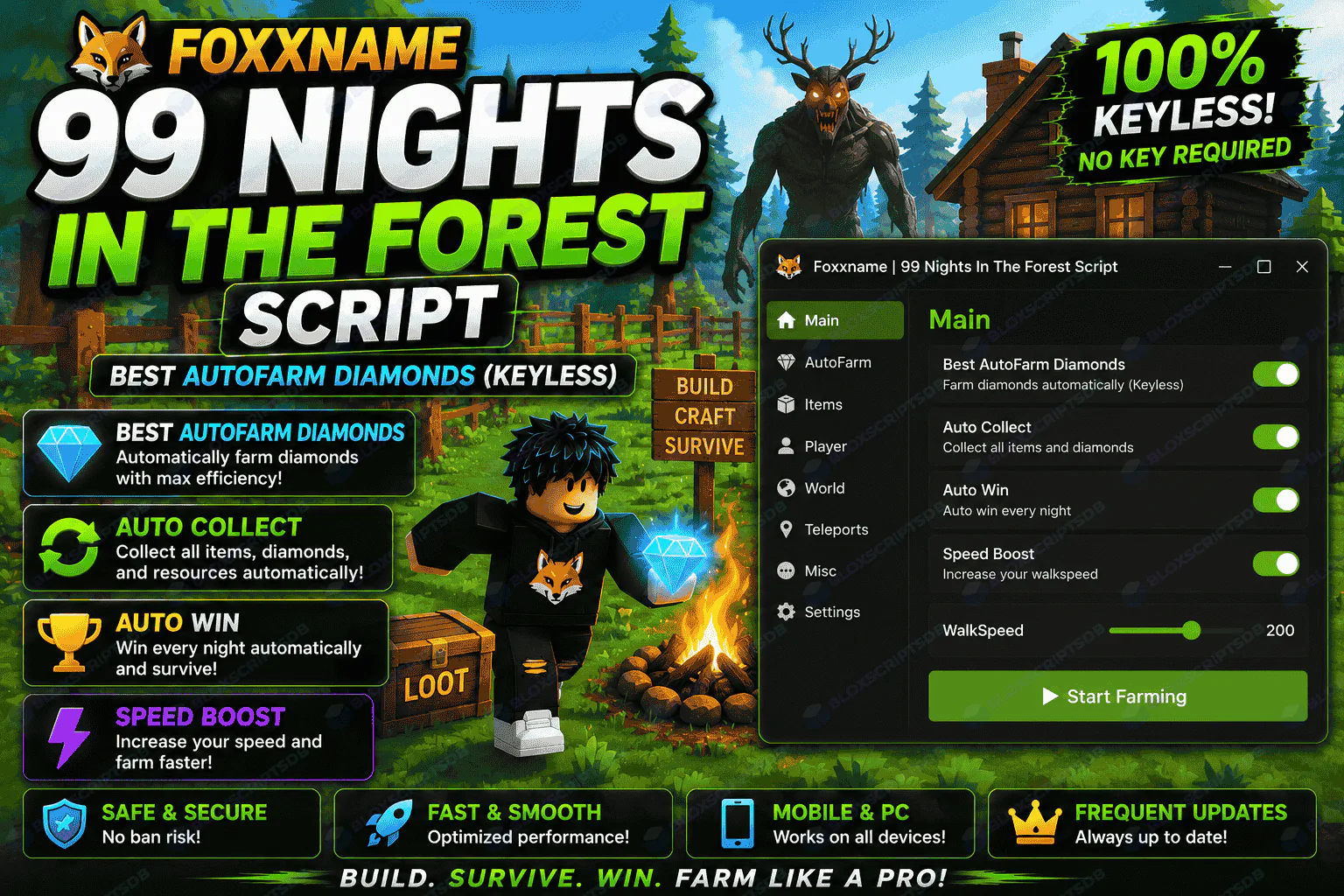 Foxxname 99 Nights In The Forest Script [Best AutoFarm Diamonds (Keyless)]